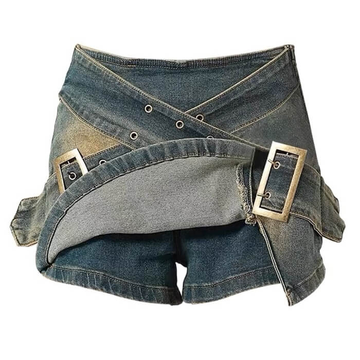 VILZSTUDIOS double buckle denim mini skirt