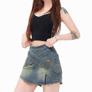 VILZSTUDIOS double buckle denim mini skirt