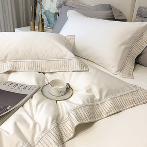 VILZSTUDIOS ivory and grey duvet cover set with gold and beige droplet embroidered borders