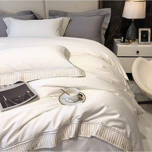 VILZSTUDIOS ivory and grey duvet cover set with gold and beige droplet embroidered borders