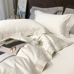 VILZSTUDIOS ivory and grey duvet cover set with gold and beige droplet embroidered borders
