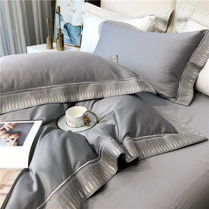 VILZSTUDIOS ivory and grey duvet cover set with gold and beige droplet embroidered borders