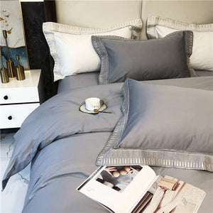 VILZSTUDIOS ivory and grey duvet cover set with gold and beige droplet embroidered borders