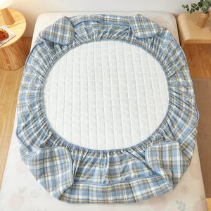 VILZSTUDIOS dusty blue check and stripe quilted fitted sheet with piped edging
