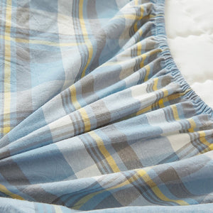 VILZSTUDIOS dusty blue check and stripe quilted fitted sheet with piped edging
