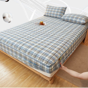 VILZSTUDIOS dusty blue check and stripe quilted fitted sheet with piped edging