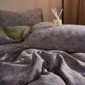 VILZSTUDIOS dusty lilac floral duvet cover set with olive-green reverse and gathered floral sheet ruffle