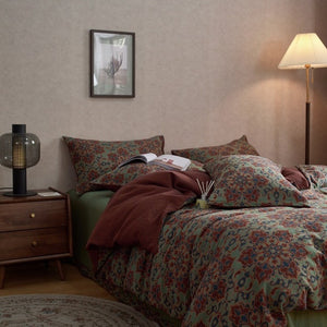 VILZSTUDIOS dusty lilac floral duvet cover set with olive-green reverse and gathered floral sheet ruffle