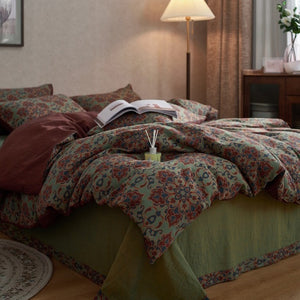 VILZSTUDIOS dusty lilac floral duvet cover set with olive-green reverse and gathered floral sheet ruffle