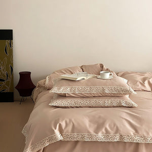 VILZSTUDIOS dusty rose cotton duvet cover set with scalloped floral lace borders