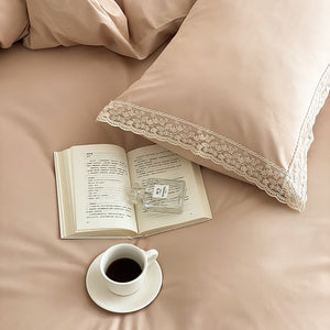 VILZSTUDIOS dusty rose cotton duvet cover set with scalloped floral lace borders
