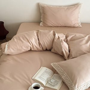 VILZSTUDIOS dusty rose cotton duvet cover set with scalloped floral lace borders