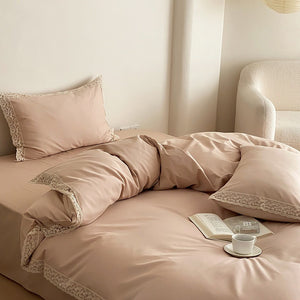 VILZSTUDIOS dusty rose cotton duvet cover set with scalloped floral lace borders