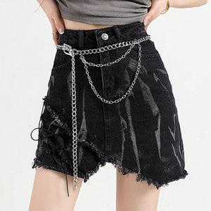 VILZSTUDIOS Asymmetrical black denim skirt with frayed edges and lace-up details