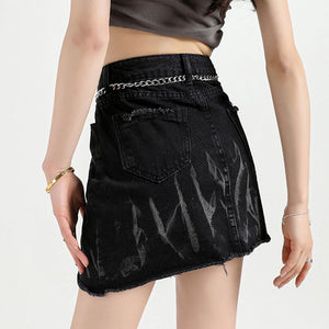 VILZSTUDIOS Asymmetrical black denim skirt with frayed edges and lace-up details