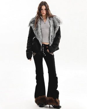VILZSTUDIOS Fur trim jacket with silver-grey collar and padded design