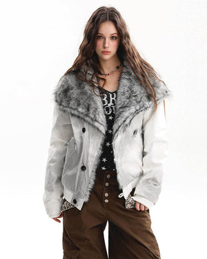 VILZSTUDIOS Fur trim jacket with silver-grey collar and padded design
