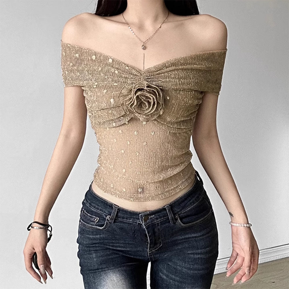 VILZSTUDIOS Elegant rose Bardot mesh top for stylish outfits