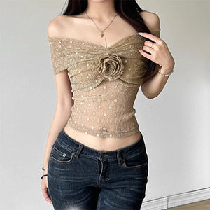 VILZSTUDIOS Elegant rose Bardot mesh top for stylish outfits