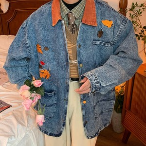 VILZSTUDIOS Embroidered denim jacket with autumn leaves design