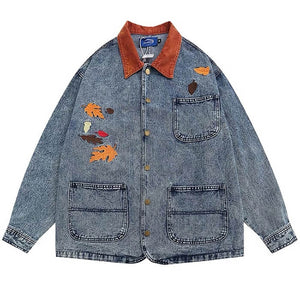 VILZSTUDIOS Embroidered denim jacket with autumn leaves design
