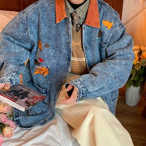 VILZSTUDIOS Embroidered denim jacket with autumn leaves design