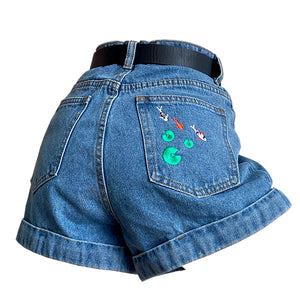 VILZSTUDIOS Koi fish embroidered denim shorts for trendy fashion