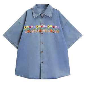 VILZSTUDIOS Embroidered denim shirt featuring plant and pot designs