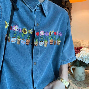 VILZSTUDIOS Embroidered denim shirt featuring plant and pot designs