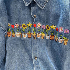 VILZSTUDIOS Embroidered denim shirt featuring plant and pot designs