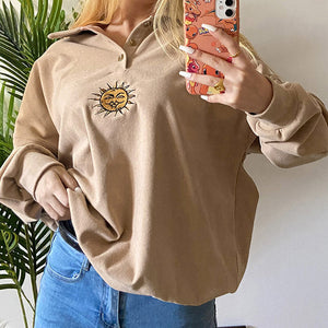 VILZSTUDIOS Embroidered sun design button up sweatshirt for stylish streetwear