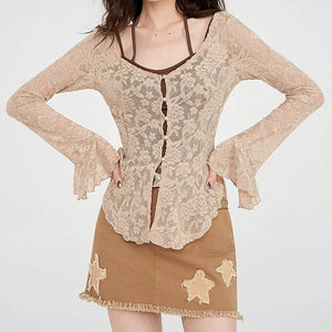 VILZSTUDIOS Ethereal lace flare sleeve top for women