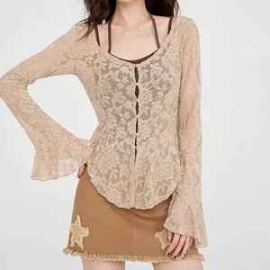 VILZSTUDIOS Ethereal lace flare sleeve top for women
