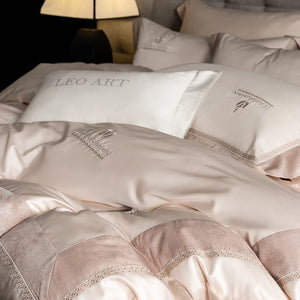 VILZSTUDIOS Blush pink, ivory cream and light gray satin bedding set with eyelet lace borders and embroidered crests