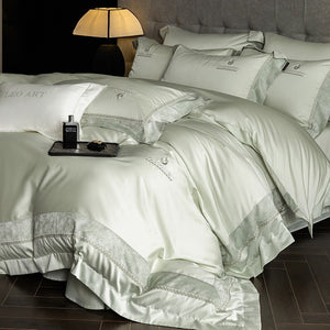 VILZSTUDIOS Blush pink, ivory cream and light gray satin bedding set with eyelet lace borders and embroidered crests