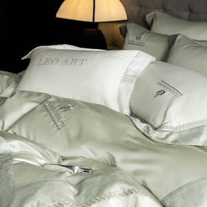 VILZSTUDIOS Blush pink, ivory cream and light gray satin bedding set with eyelet lace borders and embroidered crests