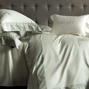 VILZSTUDIOS Blush pink, ivory cream and light gray satin bedding set with eyelet lace borders and embroidered crests