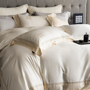 VILZSTUDIOS Blush pink, ivory cream and light gray satin bedding set with eyelet lace borders and embroidered crests
