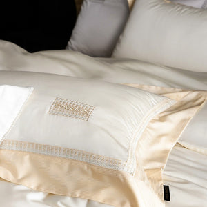 VILZSTUDIOS Blush pink, ivory cream and light gray satin bedding set with eyelet lace borders and embroidered crests