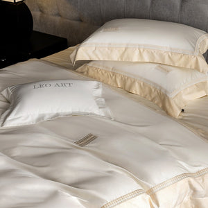 VILZSTUDIOS Blush pink, ivory cream and light gray satin bedding set with eyelet lace borders and embroidered crests
