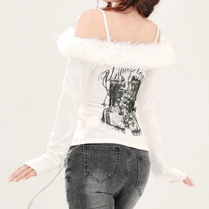 VILZSTUDIOS Trendy off-shoulder top with faux fur and corset print
