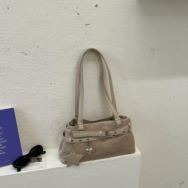 Faux Suede Heart Charm Shoulder Bag