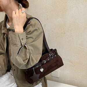 VILZSTUDIOS faux suede shoulder bag with heart charm