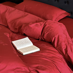 VILZSTUDIOS crimson red, champagne gold and blush pink rose damask bedding set with flanged borders