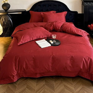 VILZSTUDIOS crimson red, champagne gold and blush pink rose damask bedding set with flanged borders