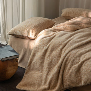 VILZSTUDIOS earthy neutral flecked fleece bedding set with fluffy texture and matching pillowcases