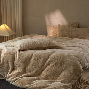 VILZSTUDIOS earthy neutral flecked fleece bedding set with fluffy texture and matching pillowcases
