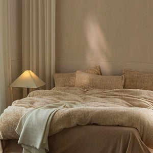 VILZSTUDIOS earthy neutral flecked fleece bedding set with fluffy texture and matching pillowcases