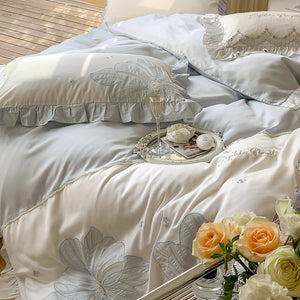 VILZSTUDIOS pastel blue or blush pink and cream floral appliqué bedding set with ruffled borders