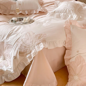 VILZSTUDIOS pastel blue or blush pink and cream floral appliqué bedding set with ruffled borders
